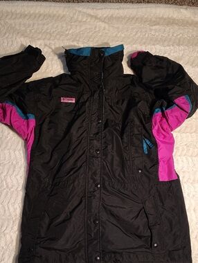 Columbia Black Jacket with Pink and Teal Accents Vintage Ski Jacket